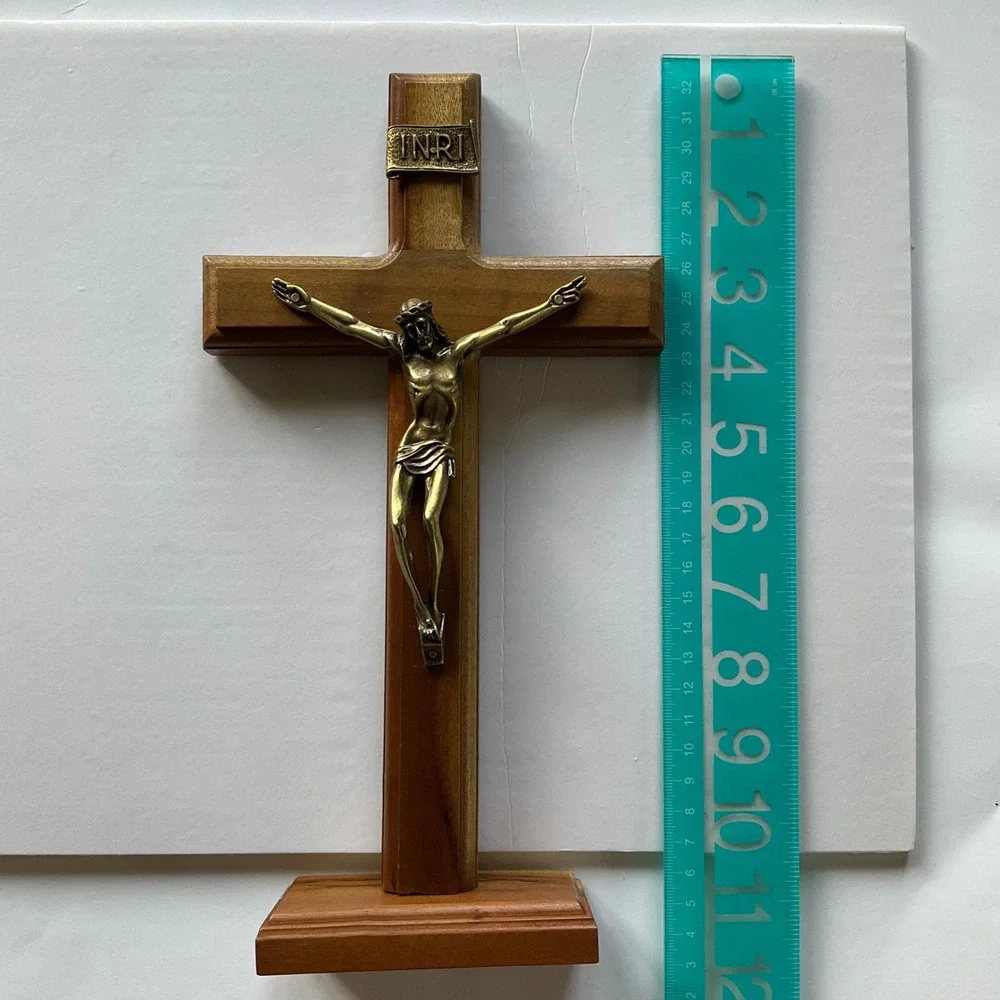 Vintage Wooden Standing Wall Crucifix Brass Corpus INRI Altar Desk Cross 11